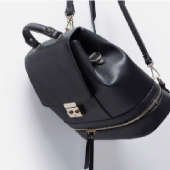 ZARA Convertible Backpack/Purse Bag Hard Shell Black with Gold Hardware - Picture 3 of 12